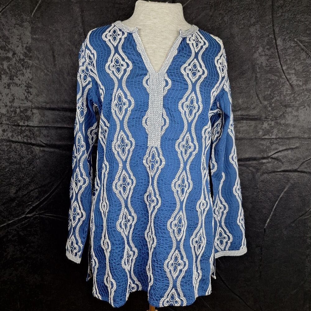 Sigred Olsen Blue Tunic Embroidery Detail Stunning 100% Cotton Textured Dressy